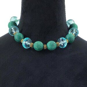 Chunky Beaded Necklace Costal Style Blue Teal Silver Tone Adjustable Length